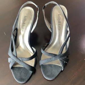 Black silk dress sandals. Like new; medium heel